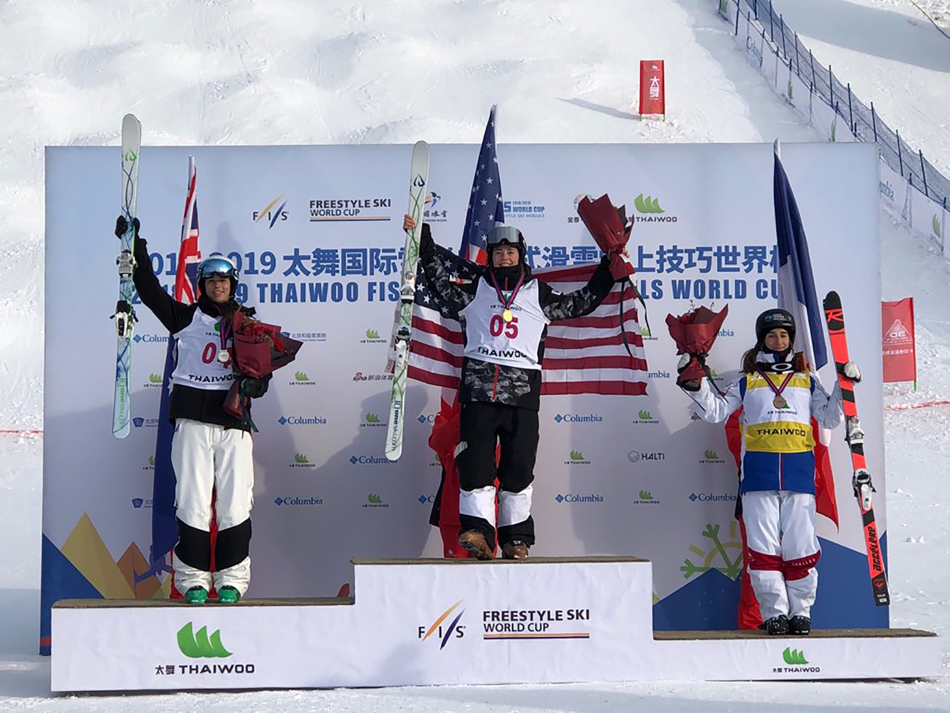 America's Jaelin Kauf, Australia’s Jakara Anthony and France’s Perrine Laffont.
