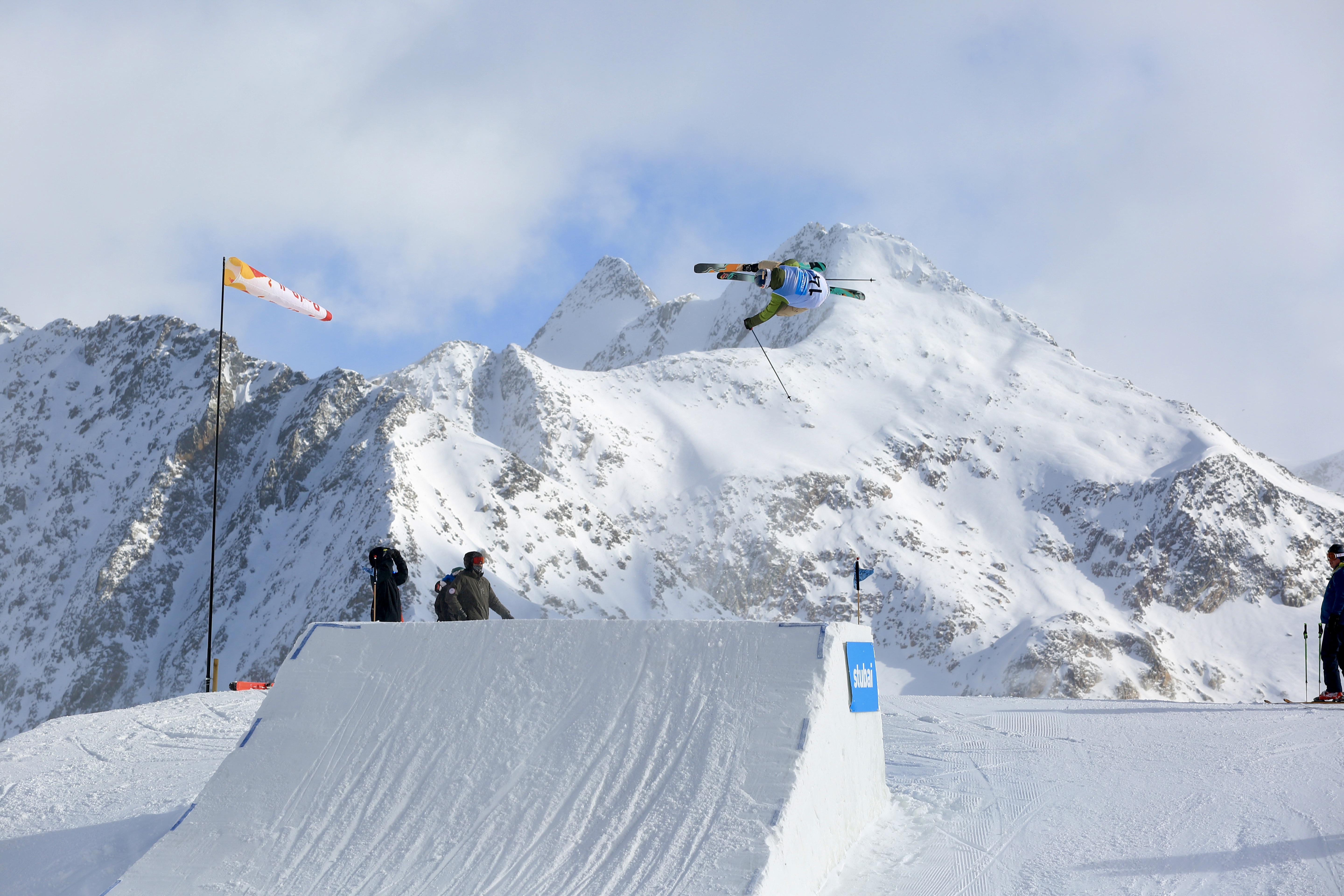 Hunter Henderson mid-air during slopestyle training in Stubai, Austria