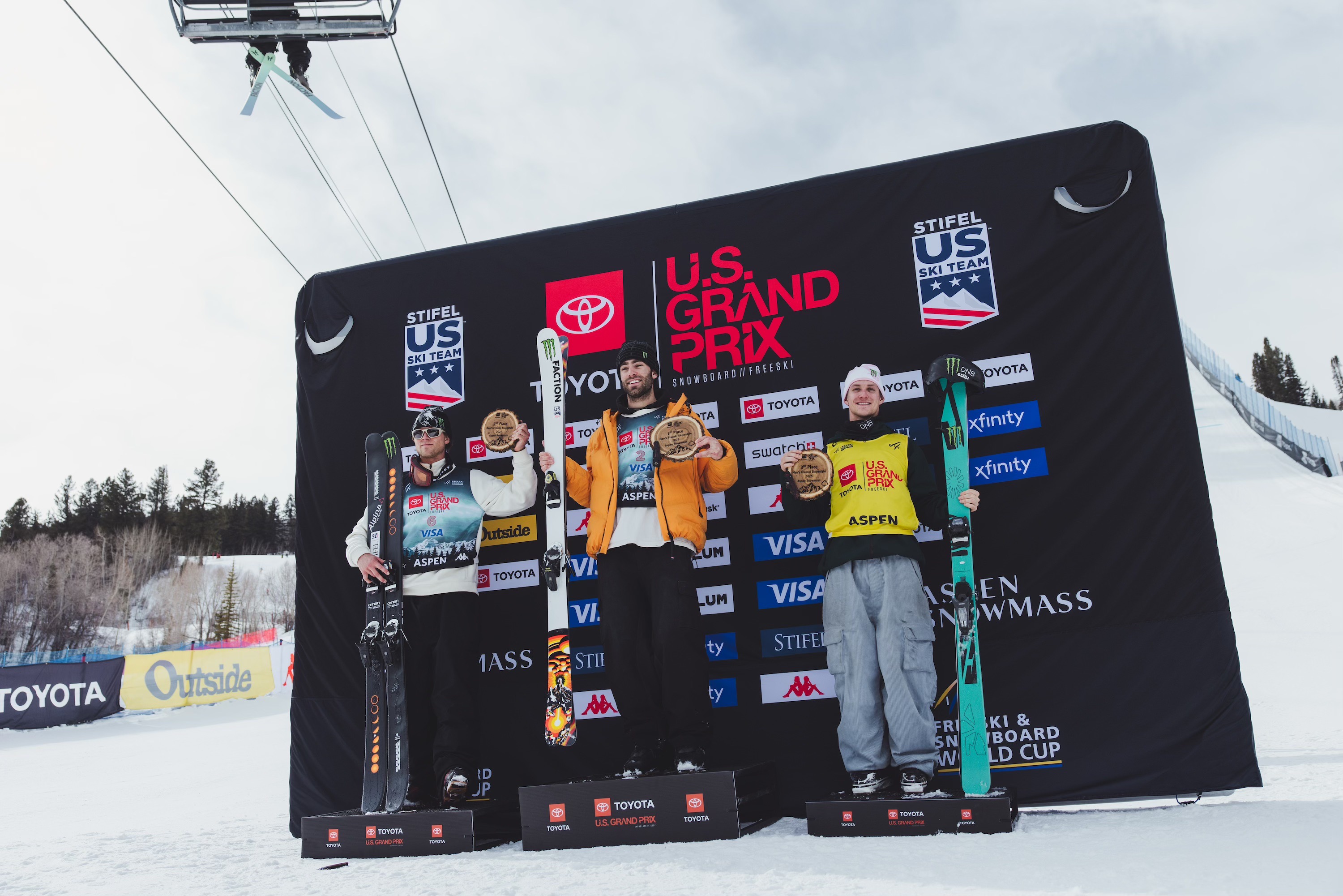 Alex Hall, Colby Stevenson and Birk Ruud on the men's slopestyle podium