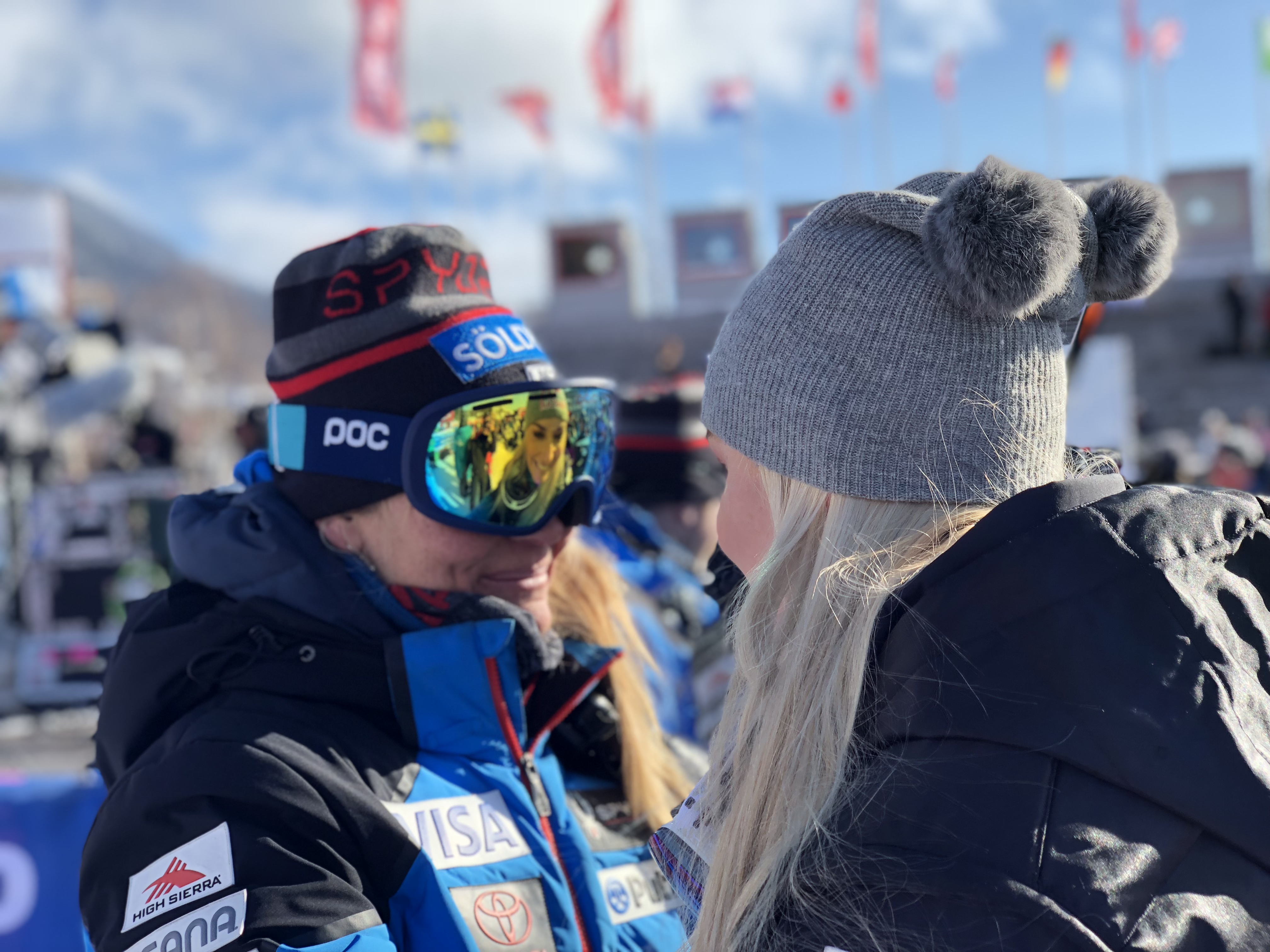 Karin Harjo chats with Lindsey Vonn after Vonn's 82nd career win in Are, Sweden.&nbsp;