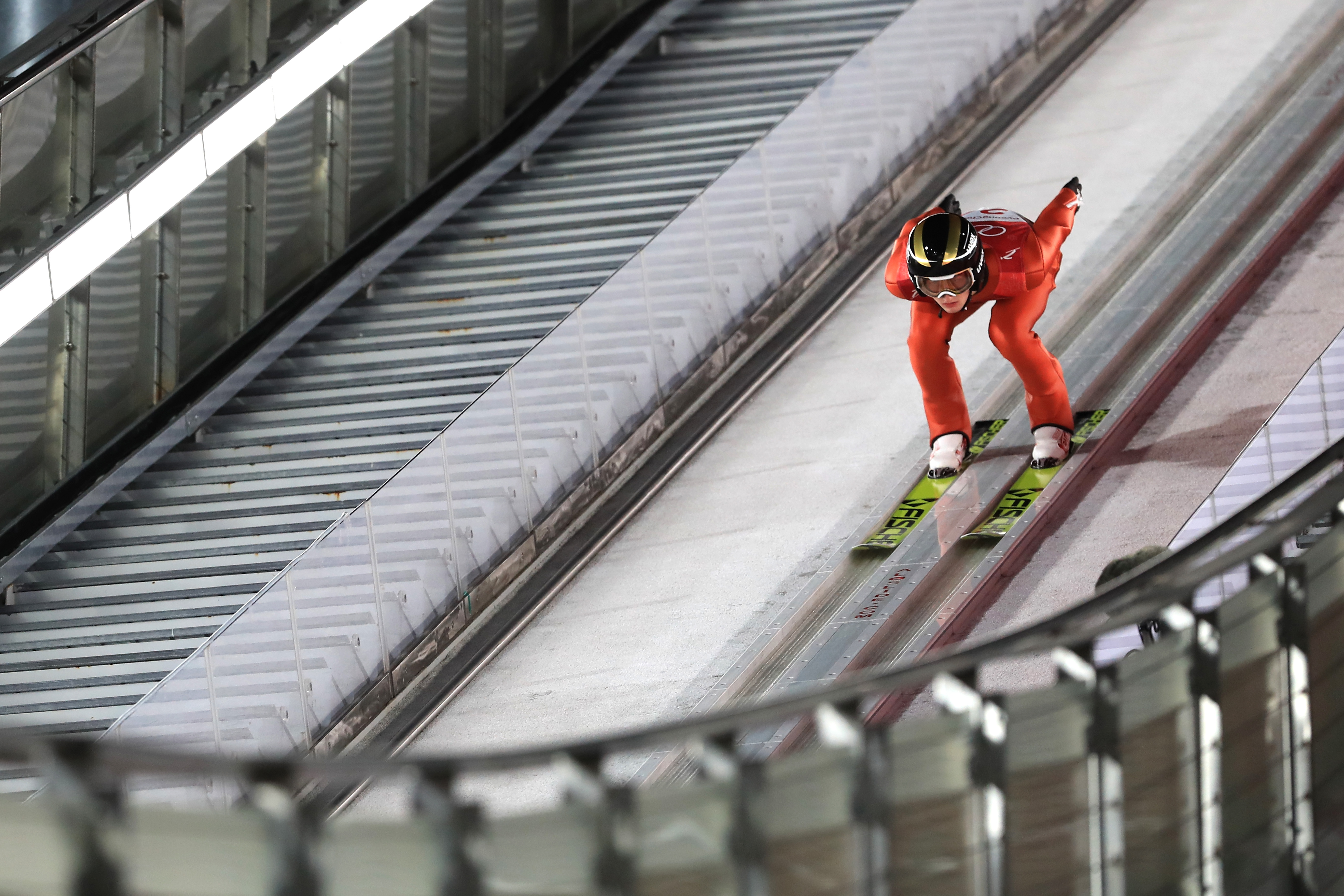 Kevin Bickner competes in the men’s normal hill individual final on day one of the 2018 Olympic Winter Games at Alpensia Ski Jumping Center. (Getty Images - Sean M. Haffey)
