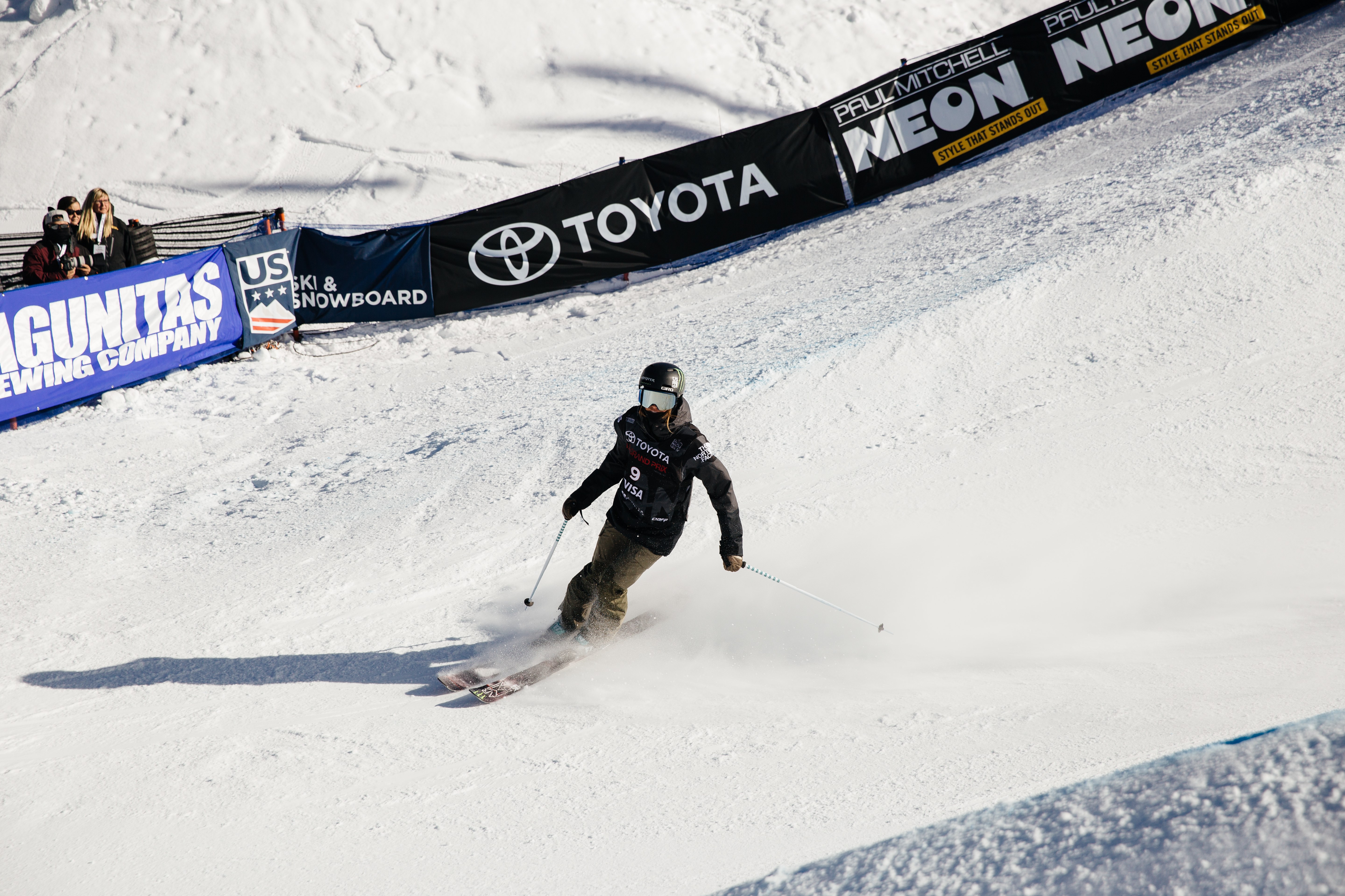 Brita Sigourney skiing into the finish corral at Copper Mountain.