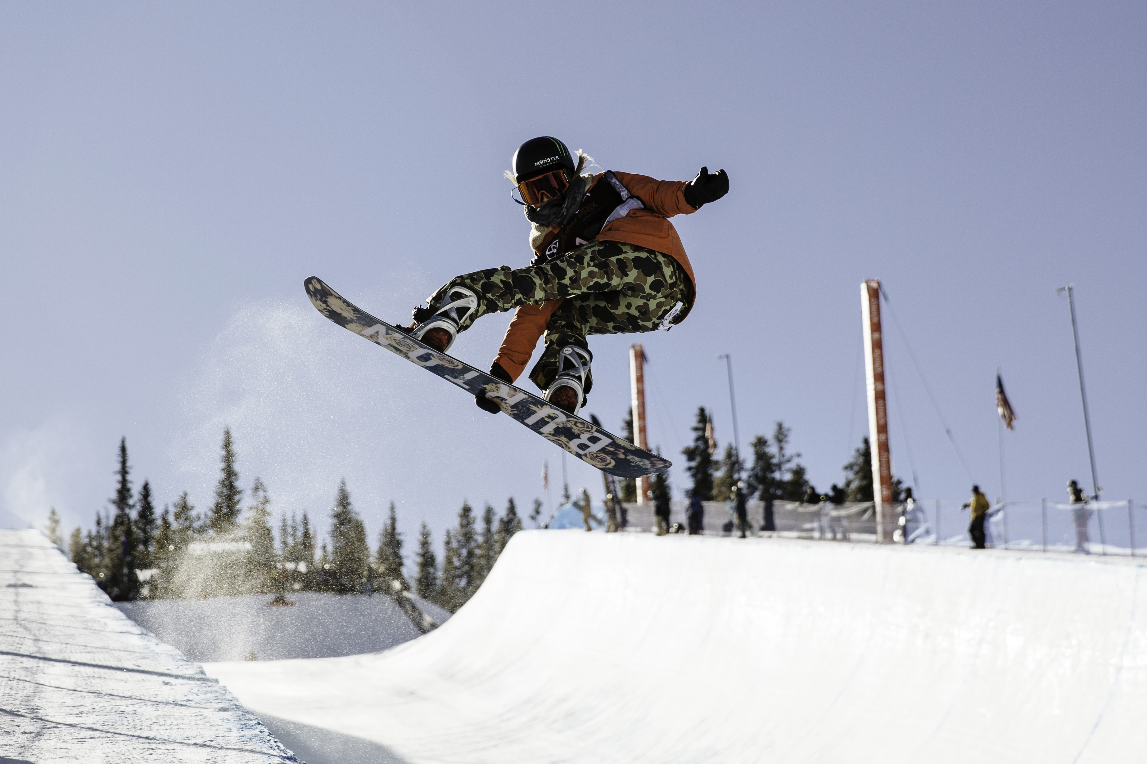 Chloe Kim mid air during training at Copper Mountain.
