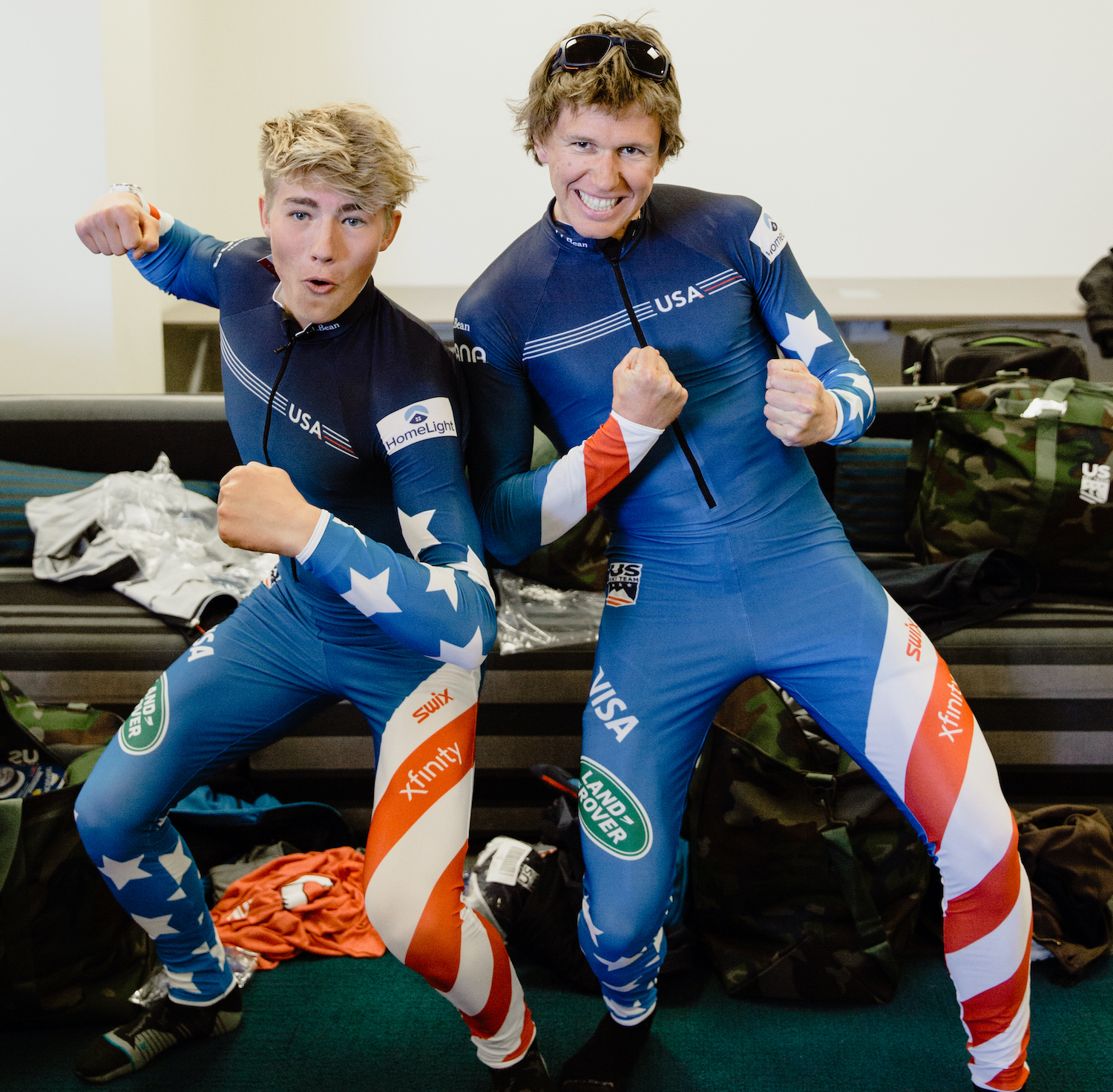 Gus Schumacher and Scott Peterson sport the new Swix race suits. (U.S. Ski &amp; Snowboard - Sarah Brunson) 