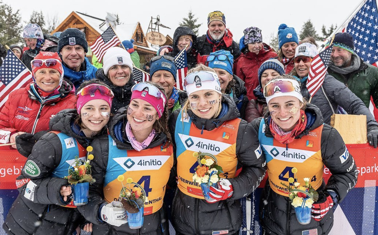 Silver-medal winning team of Kendall Kramer, Novie McCabe, Sydney Palmer-Leger and Sophia Laukli.  (@flyingpoint/National Nordic Foundation)